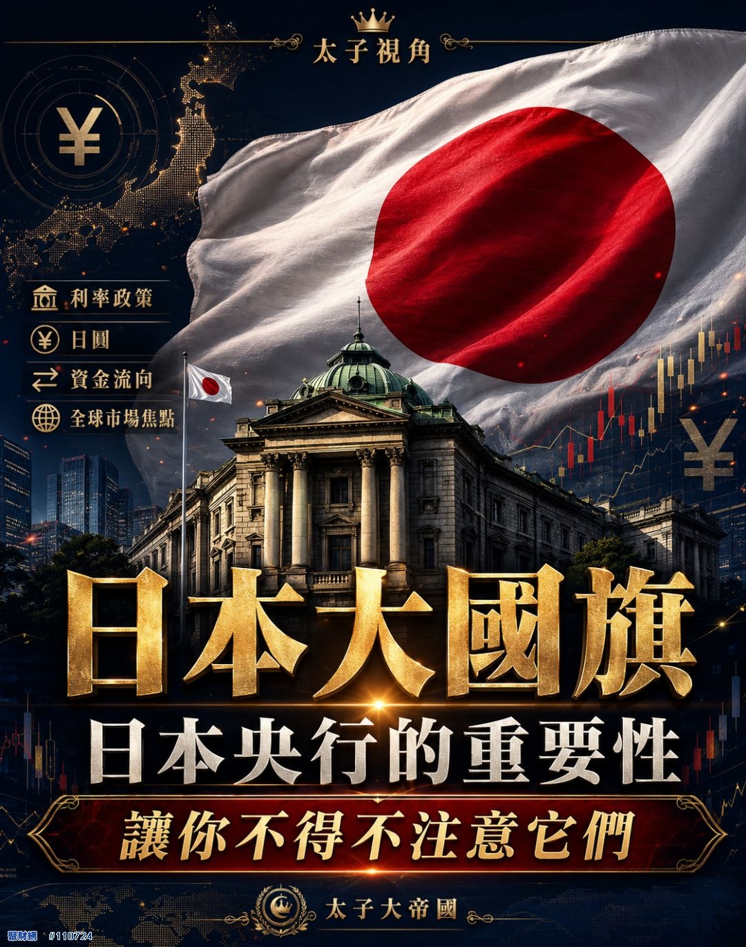 太子大帝國製作的金黑色資訊圖：日本國旗、日本央行古典建築與日圓符號，標題寫著「日本央行的重要性，讓你不得不注意它們」
