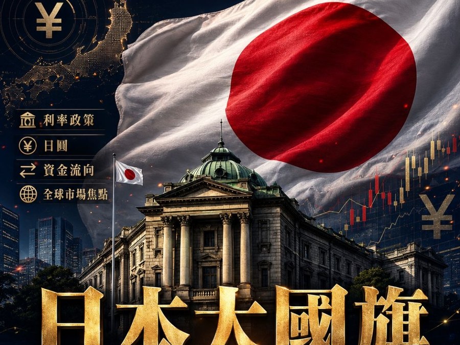 日本國旗、日本央行建築與日圓符號的金黑色資訊圖