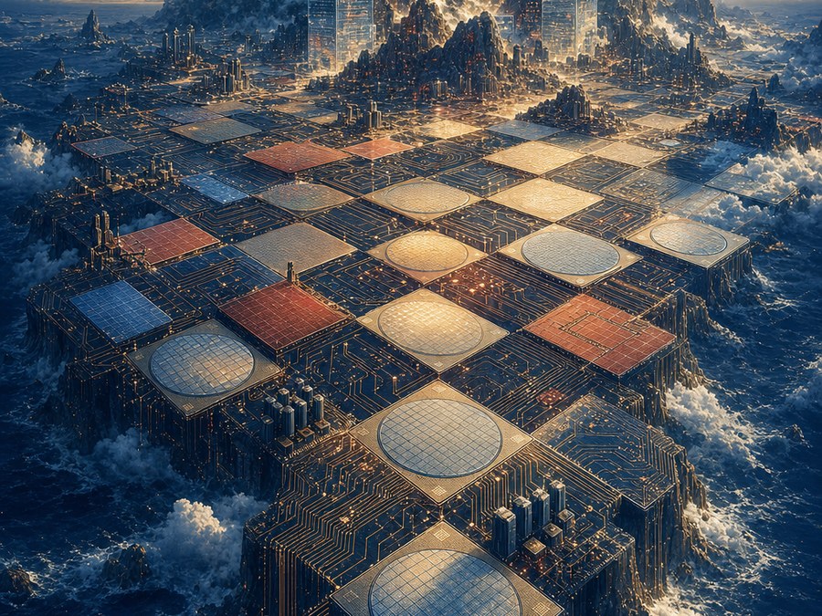 一座由棋盤化成的矽島：晶圓圓盤與電路地景拼成的棋格