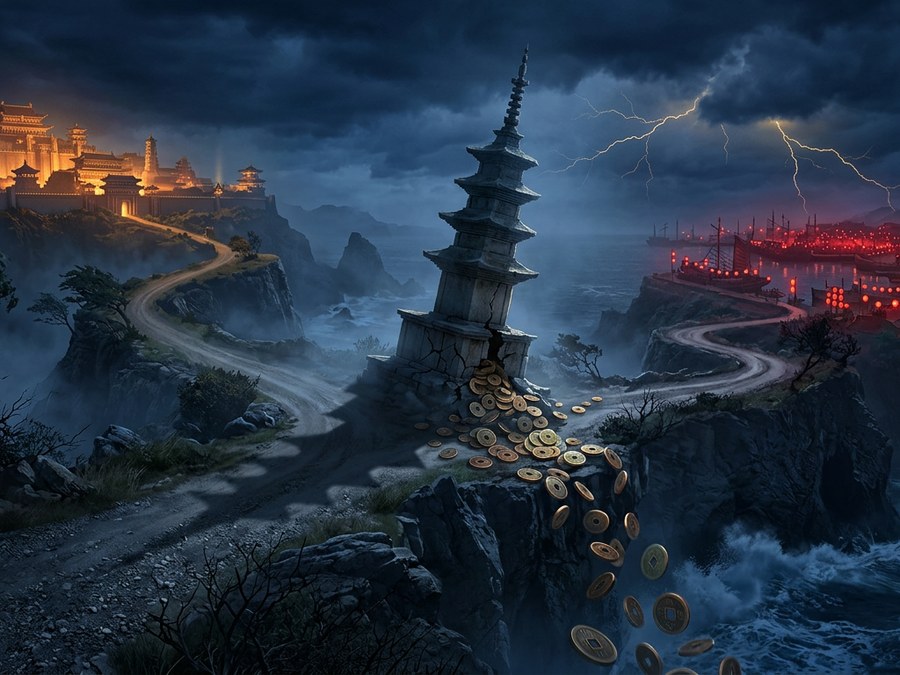暴風雨懸崖十字路口上龜裂的石塔，金幣從塔基傾瀉沉入黑海，左金色城邦與右紅色港灣遙遙相對