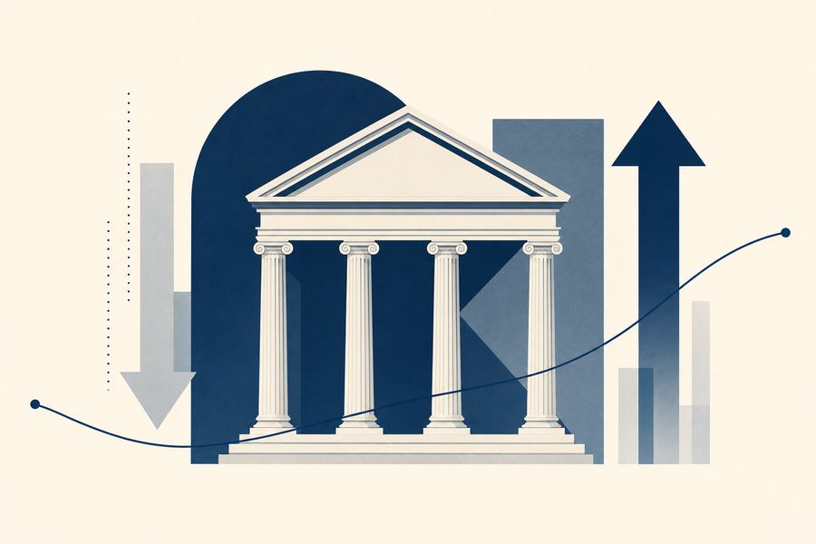 古典銀行建築與利率箭頭的央行政策插畫