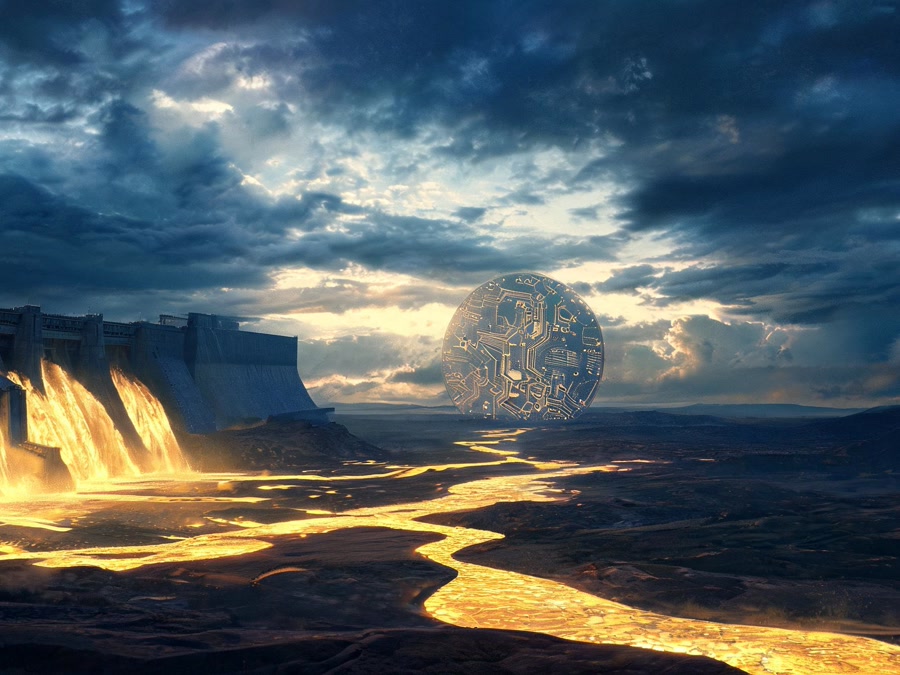 深藍巨壩閘門全開，金色資金洪流流向刻著電路紋理的巨大晶圓碑，象徵台積電條款的資金活水與集中度結構