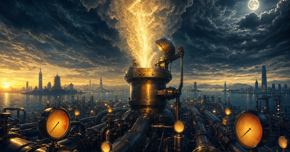 太子視角概念圖：深藍夜色中，綿延到海平線的高壓管線系統壓力逼近紅區，中央巨大的洩壓閥被打開，金色蒸汽沖天而起，上方風暴漩渦開始消散，月光穿雲、遠方海面透出微微金色黎明