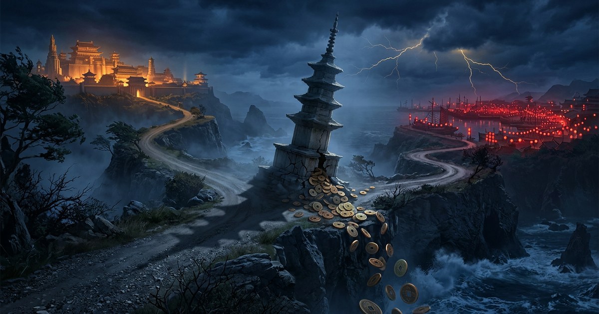 太子視角概念圖：暴風雨的懸崖十字路口上，一座龜裂的石塔立在路中央，金幣從塔基傾瀉滾落、沉入黑色大海；左邊道路通往金色燈火的城邦，右邊道路通往紅色燈籠的港灣——象徵韓國在美中兩條路之間停在原地，資本正從腳下流走